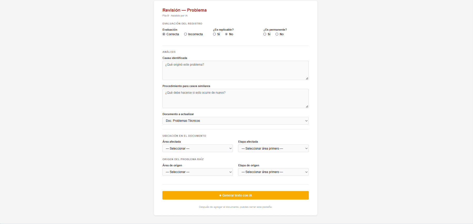 Sistema de Registro Operacional — captura de pantalla